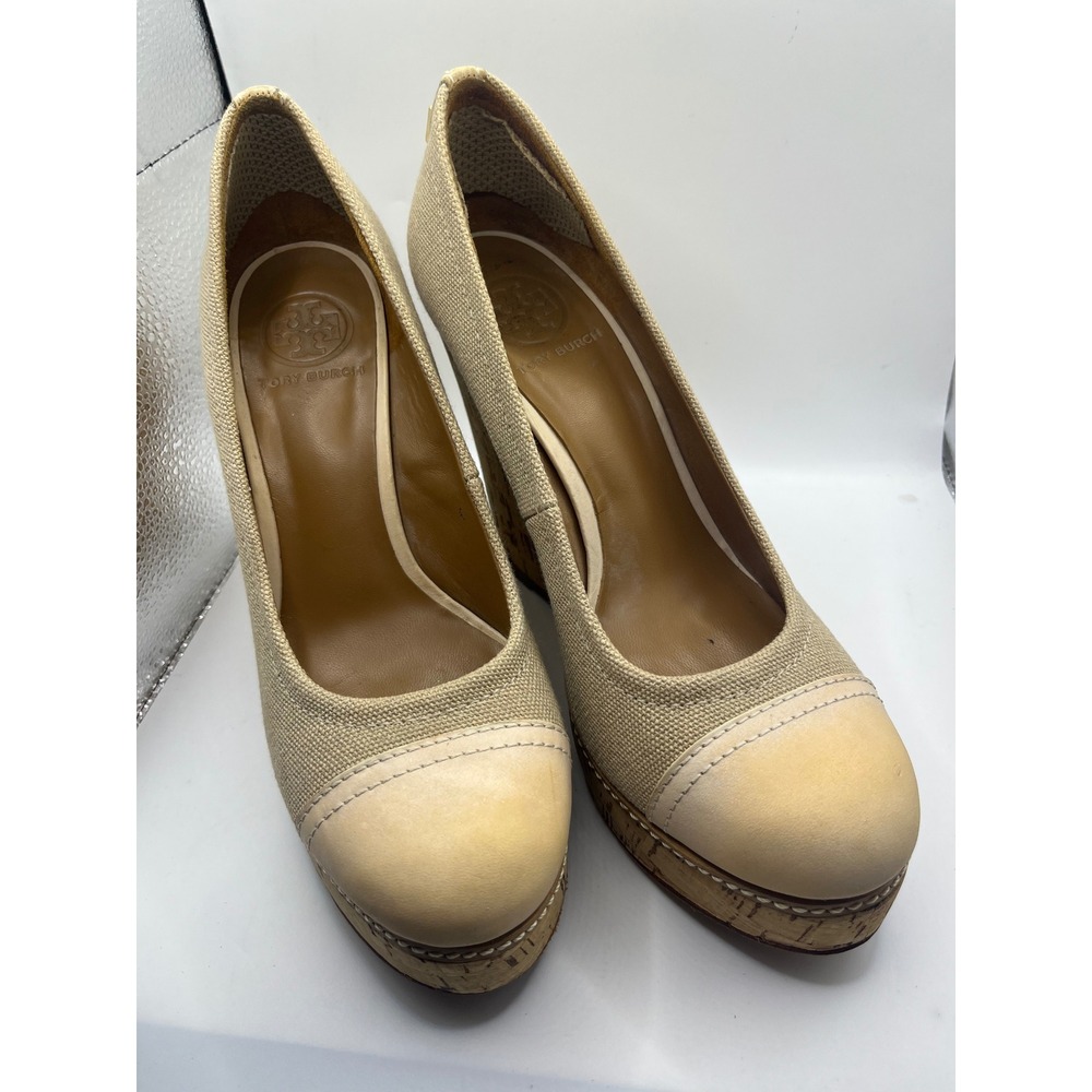 Tory Burch Canvas Leather Wedge‎ Heels Espadrille Cork Platform Shoes 8M